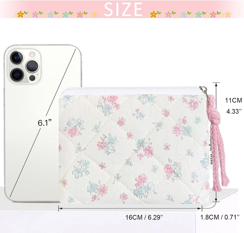 Modacarry Store Cotton Quilted Floral Coin Purse Digital Camera Pouch with Cute Prints Zipper for Women Girls (BLUE PINK) - Image 3